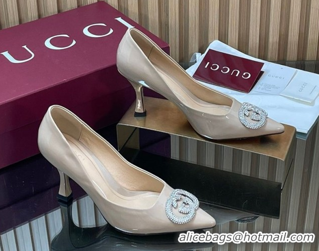 Top Design Gucci Patent Leather Pumps 8.5cm with Strass Interlocking G 852995 Nude 2026