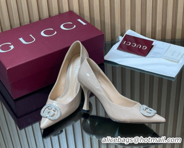 Top Design Gucci Patent Leather Pumps 8.5cm with Strass Interlocking G 852995 Nude 2026