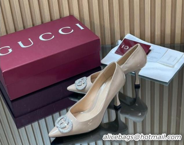 Top Design Gucci Patent Leather Pumps 8.5cm with Strass Interlocking G 852995 Nude 2026