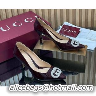 Durable Gucci Patent Leather Pumps 8.5cm with Strass Interlocking G 852995 Brown 2026