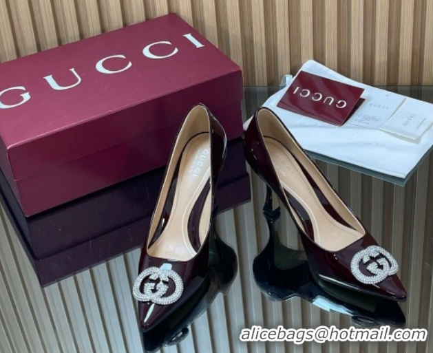 Durable Gucci Patent Leather Pumps 8.5cm with Strass Interlocking G 852995 Brown 2026