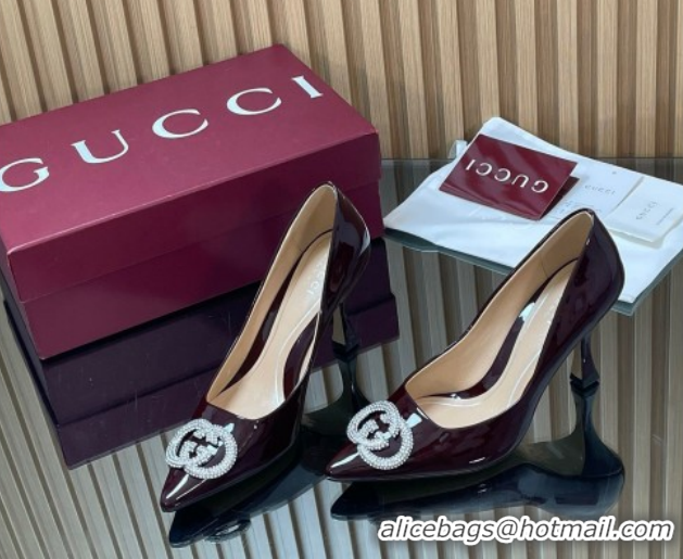 Durable Gucci Patent Leather Pumps 8.5cm with Strass Interlocking G 852995 Brown 2026