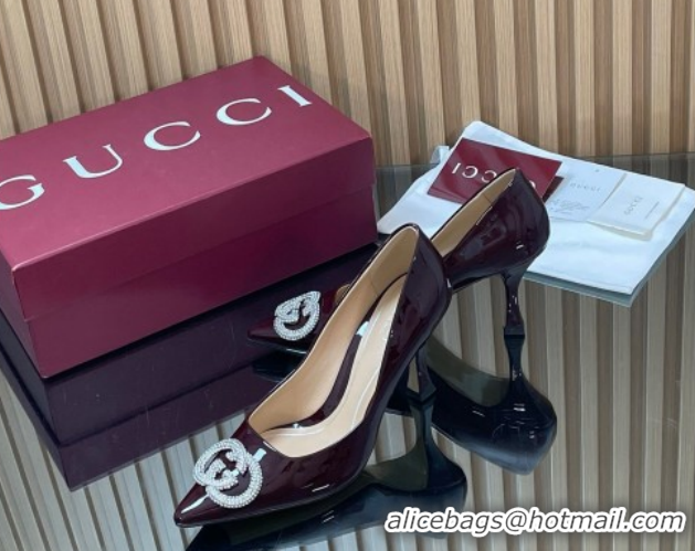 Durable Gucci Patent Leather Pumps 8.5cm with Strass Interlocking G 852995 Brown 2026