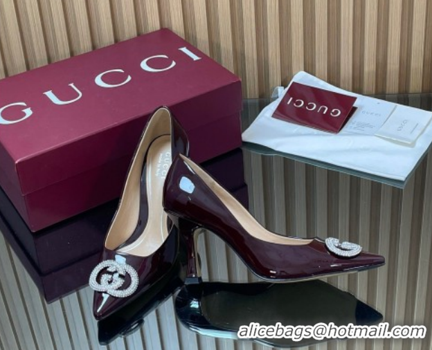 Durable Gucci Patent Leather Pumps 8.5cm with Strass Interlocking G 852995 Brown 2026