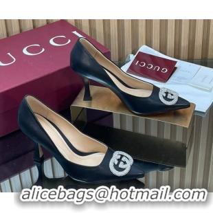 Unique Style Gucci Calf Leather Pumps 8.5cm with Strass Interlocking G 852995 Black 2026