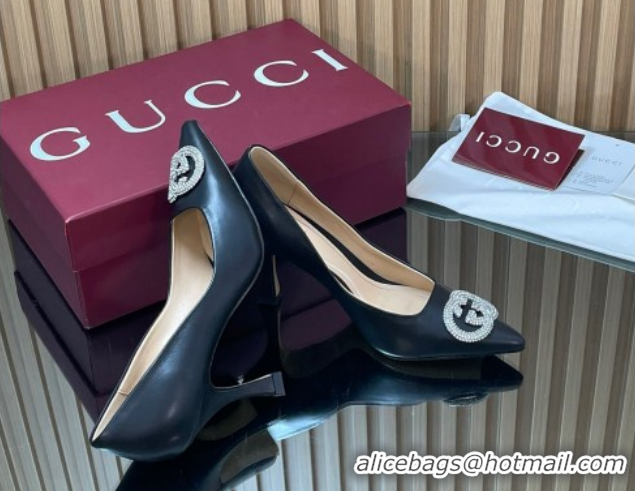 Unique Style Gucci Calf Leather Pumps 8.5cm with Strass Interlocking G 852995 Black 2026