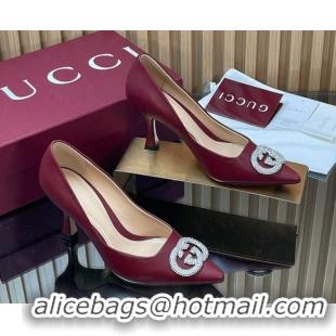 Good Quality Gucci Calf Leather Pumps 8.5cm with Strass Interlocking G 852995 Dark Burgundy 2026