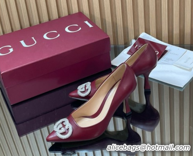 Good Quality Gucci Calf Leather Pumps 8.5cm with Strass Interlocking G 852995 Dark Burgundy 2026