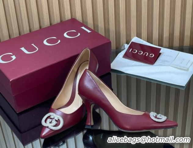 Good Quality Gucci Calf Leather Pumps 8.5cm with Strass Interlocking G 852995 Dark Burgundy 2026