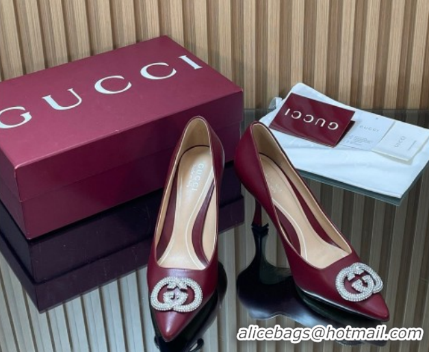 Good Quality Gucci Calf Leather Pumps 8.5cm with Strass Interlocking G 852995 Dark Burgundy 2026