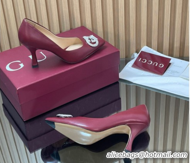 Good Quality Gucci Calf Leather Pumps 8.5cm with Strass Interlocking G 852995 Dark Burgundy 2026