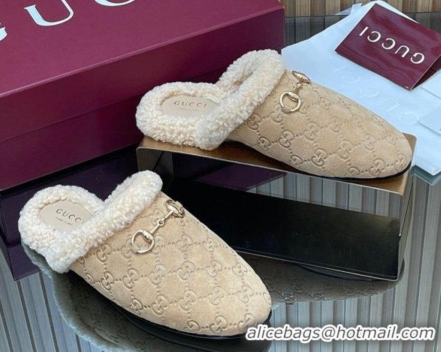 Shop Duplicate Gucci Princetown Suede and Wool Flat Loafers with Horsebit GG121802 Beige 2026
