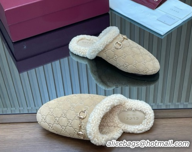 Shop Duplicate Gucci Princetown Suede and Wool Flat Loafers with Horsebit GG121802 Beige 2026