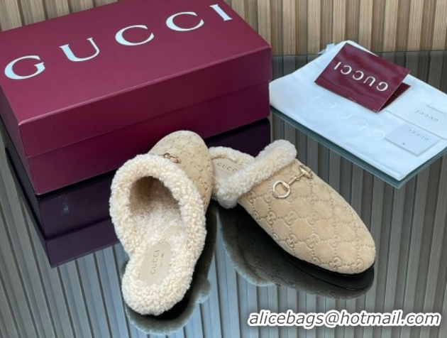 Shop Duplicate Gucci Princetown Suede and Wool Flat Loafers with Horsebit GG121802 Beige 2026