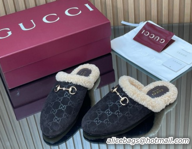 Top Design Gucci Princetown Suede and Wool Flat Loafers with Horsebit GG121802 Coffee Brown 2026