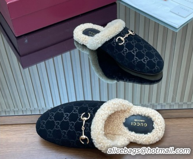 Durable Gucci Princetown Suede and Wool Flat Loafers with Horsebit GG121802 Black 2026