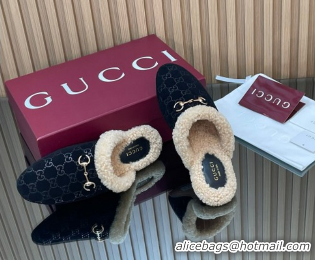 Durable Gucci Princetown Suede and Wool Flat Loafers with Horsebit GG121802 Black 2026