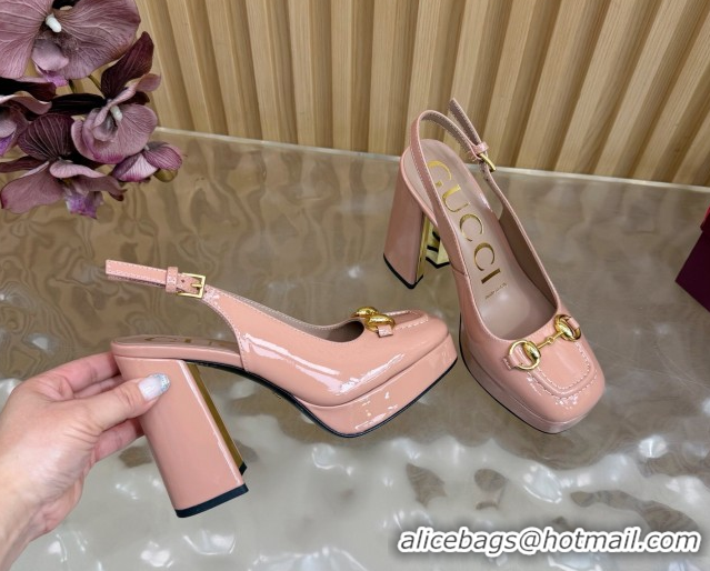Popular Style Gucci Patent Leather Platform Slingbacks Pump 11cm with Horsebit GG121803 Light Pink 2026