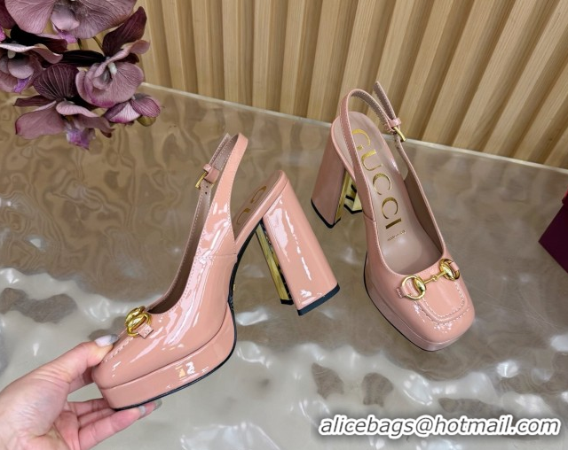 Popular Style Gucci Patent Leather Platform Slingbacks Pump 11cm with Horsebit GG121803 Light Pink 2026