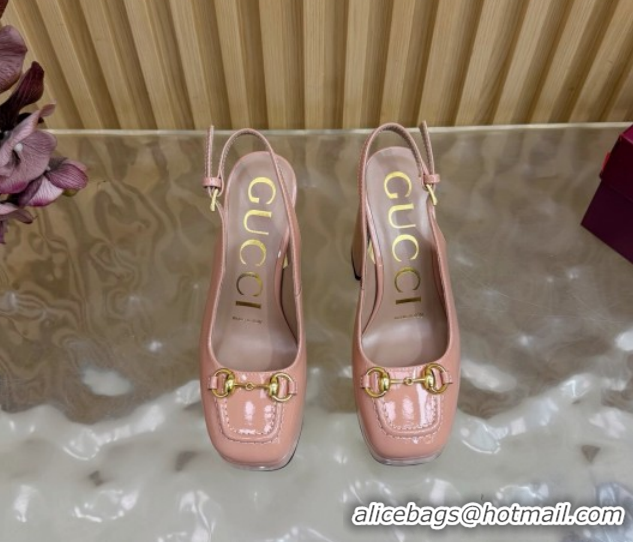 Popular Style Gucci Patent Leather Platform Slingbacks Pump 11cm with Horsebit GG121803 Light Pink 2026