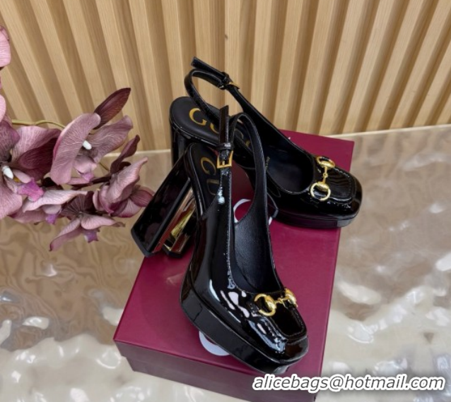 Luxury Discount Gucci Patent Leather Platform Slingbacks Pump 11cm with Horsebit GG121803 Black 2026