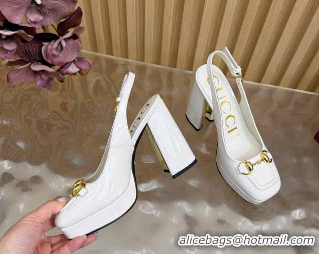 Cheap Price Gucci Patent Leather Platform Slingbacks Pump 11cm with Horsebit GG121803 White 2026
