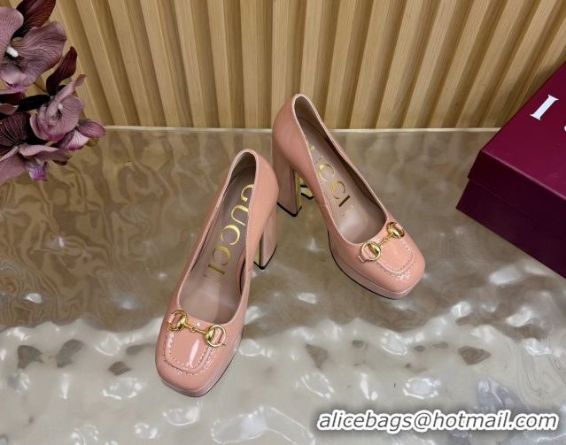 Grade Quality Gucci Patent Leather Platform Pumps 11cm with Horsebit GG121803 Light Pink 2026