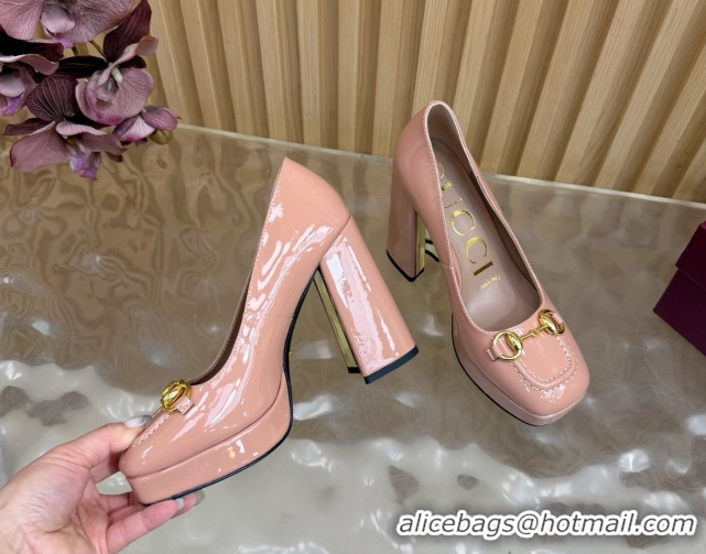 Grade Quality Gucci Patent Leather Platform Pumps 11cm with Horsebit GG121803 Light Pink 2026