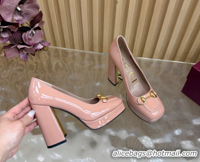 Grade Quality Gucci Patent Leather Platform Pumps 11cm with Horsebit GG121803 Light Pink 2026