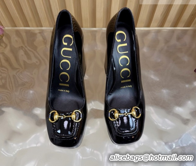 Best Price Gucci Patent Leather Platform Pumps 11cm with Horsebit GG121803 Black 2026