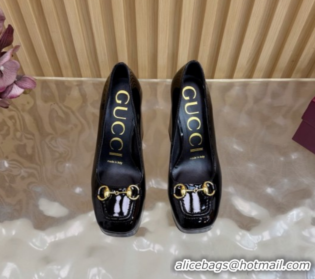 Best Price Gucci Patent Leather Platform Pumps 11cm with Horsebit GG121803 Black 2026