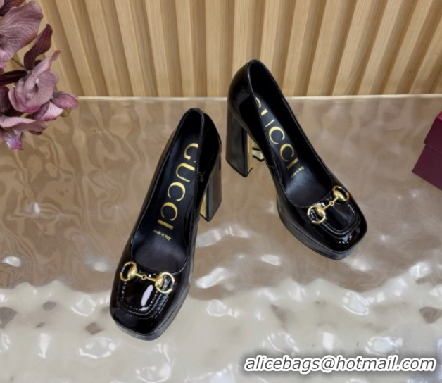 Best Price Gucci Patent Leather Platform Pumps 11cm with Horsebit GG121803 Black 2026
