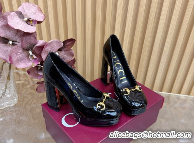 Best Price Gucci Patent Leather Platform Pumps 11cm with Horsebit GG121803 Black 2026