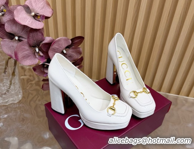 Good Quality Gucci Patent Leather Platform Pumps 11cm with Horsebit GG121803 White 2026