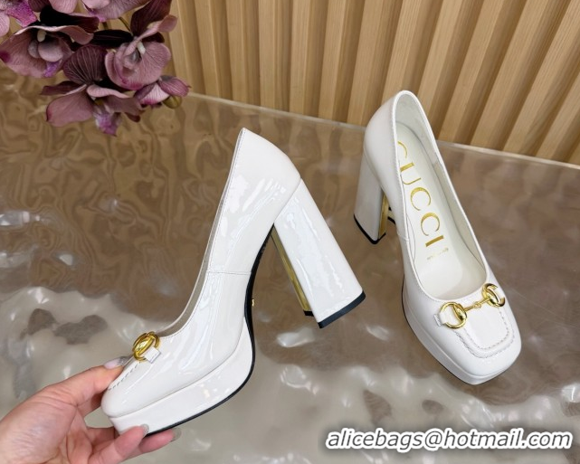 Good Quality Gucci Patent Leather Platform Pumps 11cm with Horsebit GG121803 White 2026