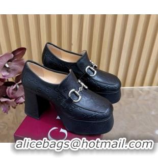 Classic Hot Gucci GG Leather Platform Pumps 9cm with Horsebit GG121804 Black 2026