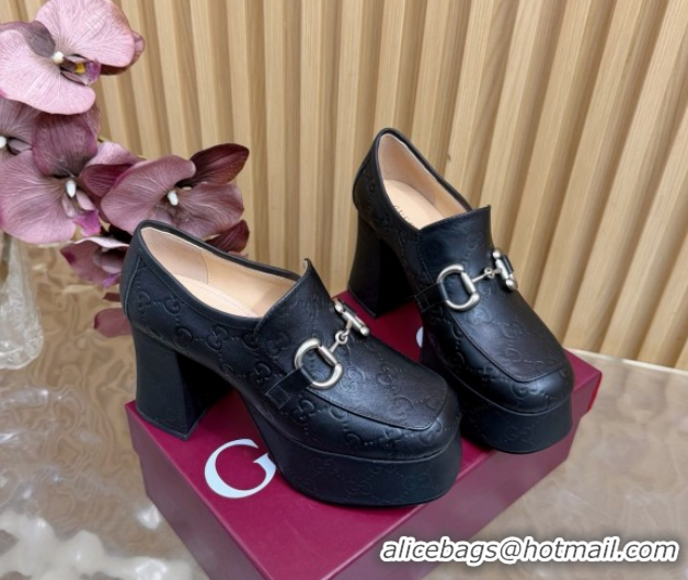 Classic Hot Gucci GG Leather Platform Pumps 9cm with Horsebit GG121804 Black 2026