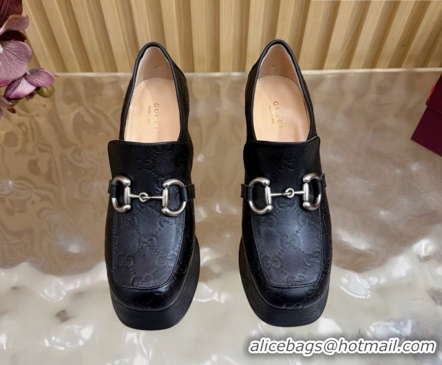 Classic Hot Gucci GG Leather Platform Pumps 9cm with Horsebit GG121804 Black 2026