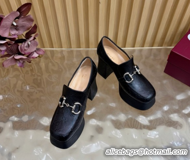 Classic Hot Gucci GG Leather Platform Pumps 9cm with Horsebit GG121804 Black 2026
