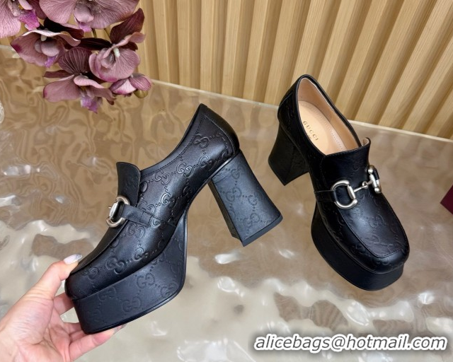 Classic Hot Gucci GG Leather Platform Pumps 9cm with Horsebit GG121804 Black 2026