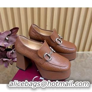 Feminine Gucci GG Leather Platform Pumps 9cm with Horsebit GG121804 Brown 2026