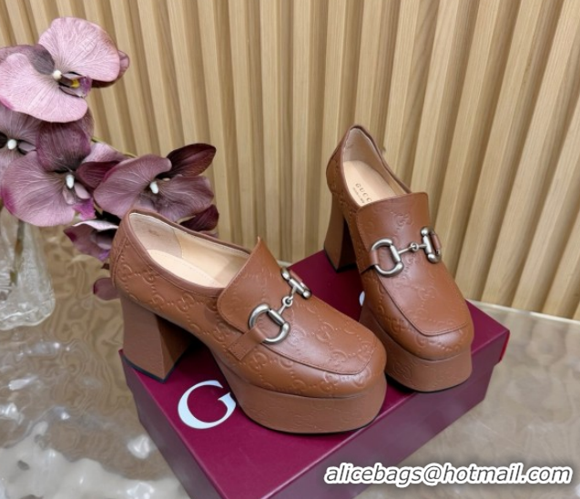 Feminine Gucci GG Leather Platform Pumps 9cm with Horsebit GG121804 Brown 2026