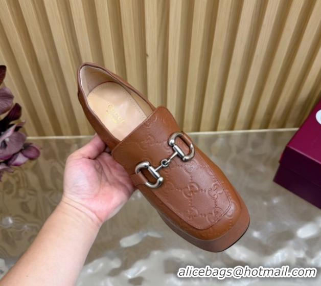 Feminine Gucci GG Leather Platform Pumps 9cm with Horsebit GG121804 Brown 2026