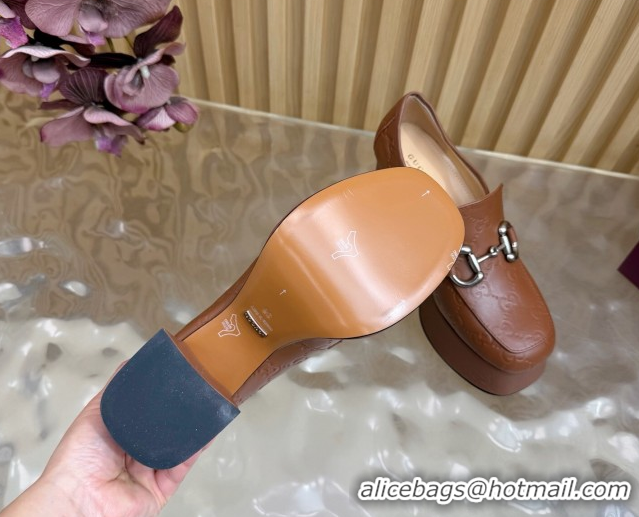 Feminine Gucci GG Leather Platform Pumps 9cm with Horsebit GG121804 Brown 2026