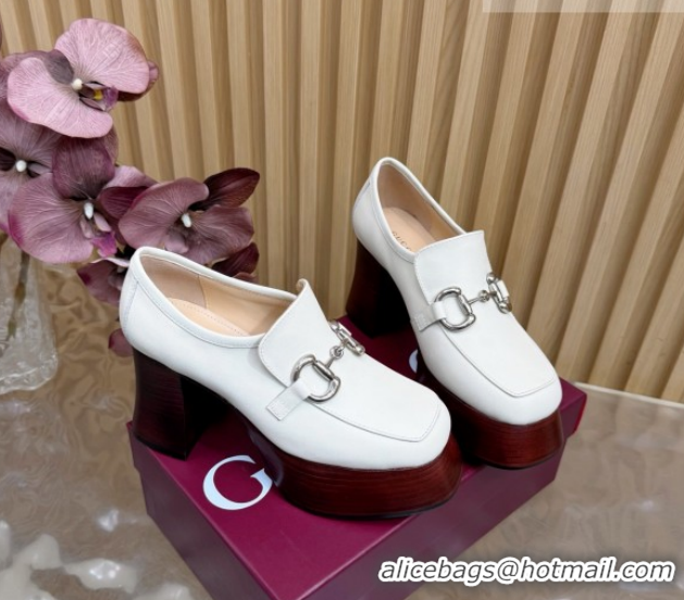Purchase Gucci Calf Leather Platform Pumps 9cm with Horsebit GG121804 White 2026