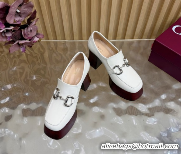Purchase Gucci Calf Leather Platform Pumps 9cm with Horsebit GG121804 White 2026