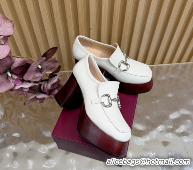 Purchase Gucci Calf Leather Platform Pumps 9cm with Horsebit GG121804 White 2026