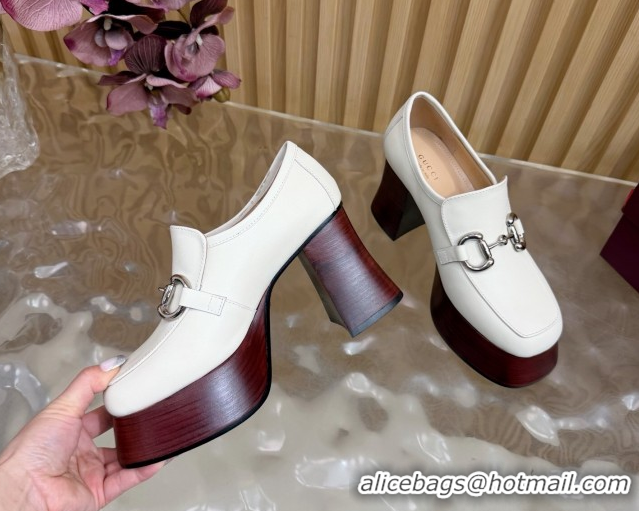 Purchase Gucci Calf Leather Platform Pumps 9cm with Horsebit GG121804 White 2026