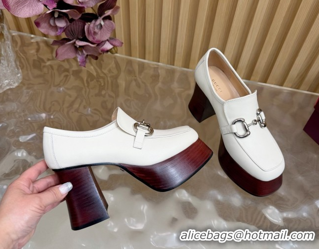 Purchase Gucci Calf Leather Platform Pumps 9cm with Horsebit GG121804 White 2026