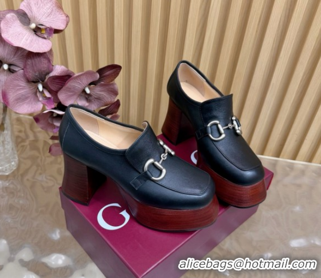 Luxurious Gucci Calf Leather Platform Pumps 9cm with Horsebit GG121804 Black 2026